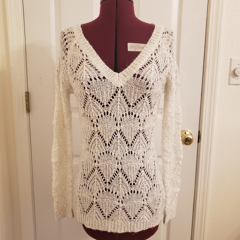 Women's White Knitted V-Neck Sweater, Size Small